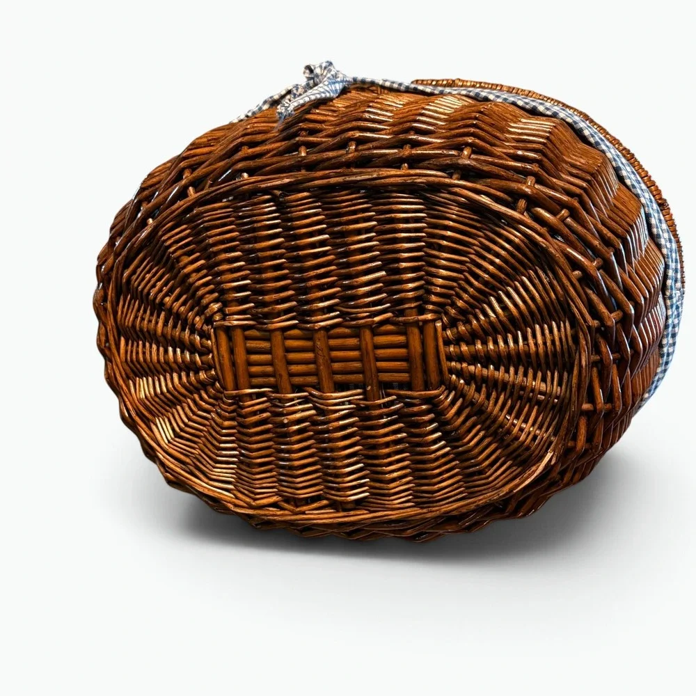 Cottagecore Wicker Picnic Basket Gingham Lined Double Lid Woven Hamper 18x13x9